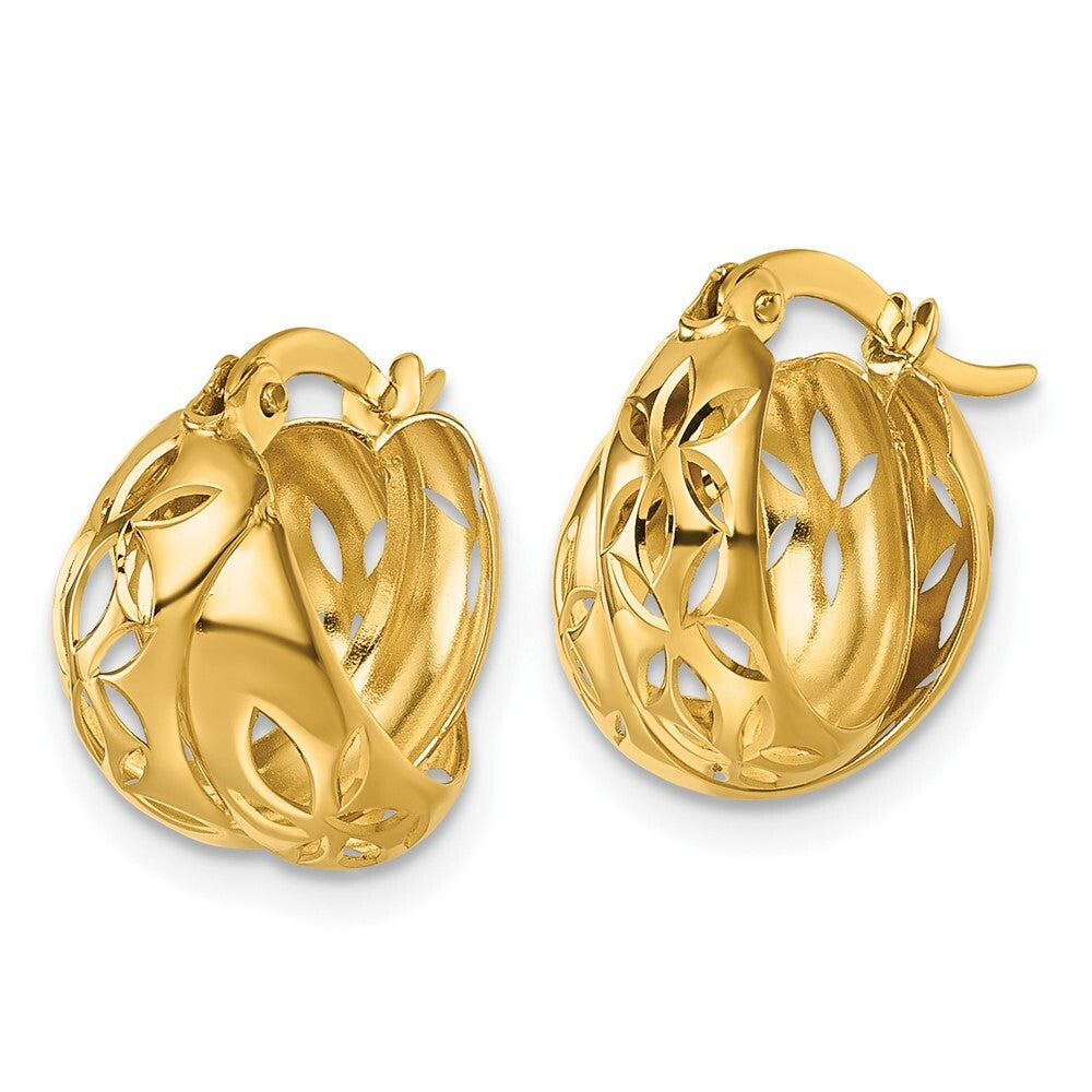 14k Yellow Gold Polished Diamond-Cut Out Floral Design Double Hoop Earrings