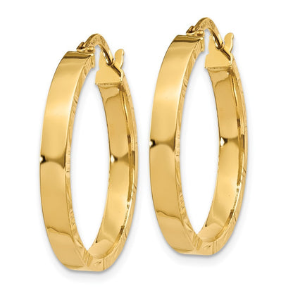 14k Yellow Gold Diamond Cut Edge Medium 3mm Polished Hoop Earrings