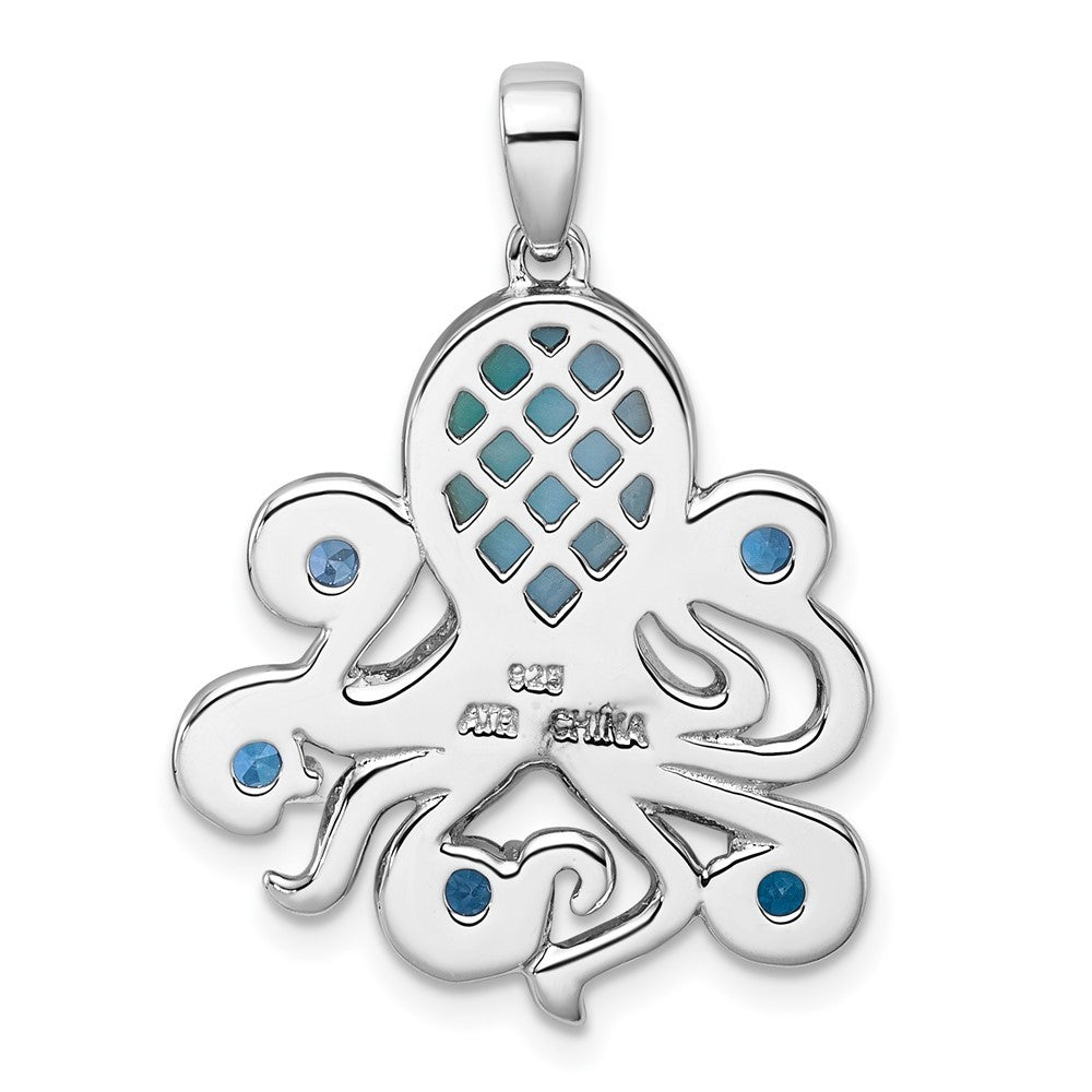 Sterling Silver Polished Larimar, White and Blue Topaz Octopus Pendant