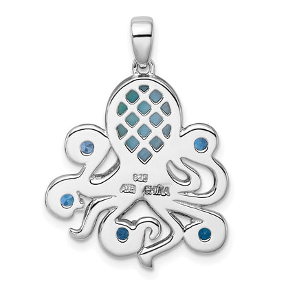 Sterling Silver Polished Larimar, White and Blue Topaz Octopus Pendant