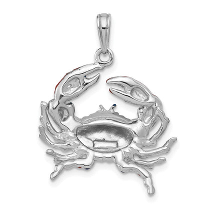 Sterling Silver Rhodium-Plated Polished Enameled Blue Stone Crab Pendant