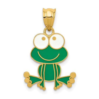 14k Yellow Gold Green and White Enameled Frog Pendent for Women
