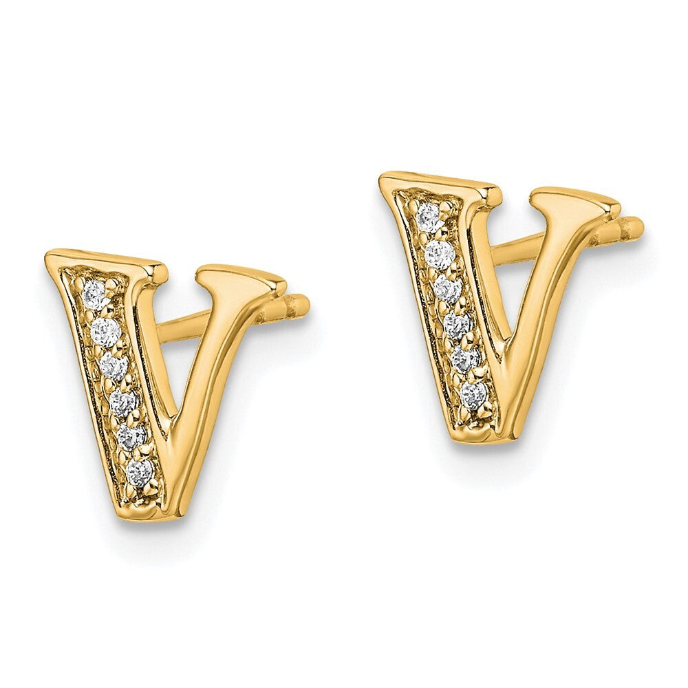 14k Yellow Gold Diamond Initial V Stud Earrings Gift for Women