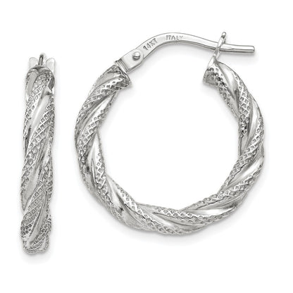 14K White Gold Twisted Textured Hoop Earrings Gift for Women