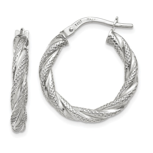 14K White Gold Twisted Textured Hoop Earrings Gift for Women