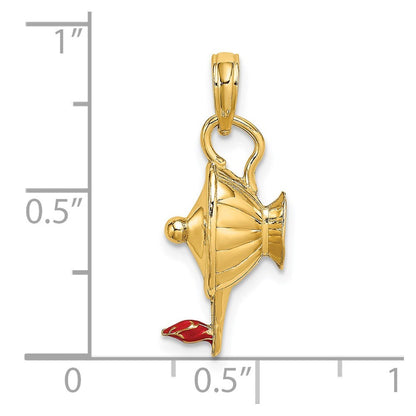 14k Yellow Gold Red Enamel Polished 3-D Genie Lamp Charm