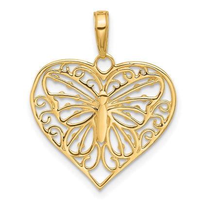 14k Yellow Gold and White Rhodium Diamond-Cut Butterfly Heart Pendant