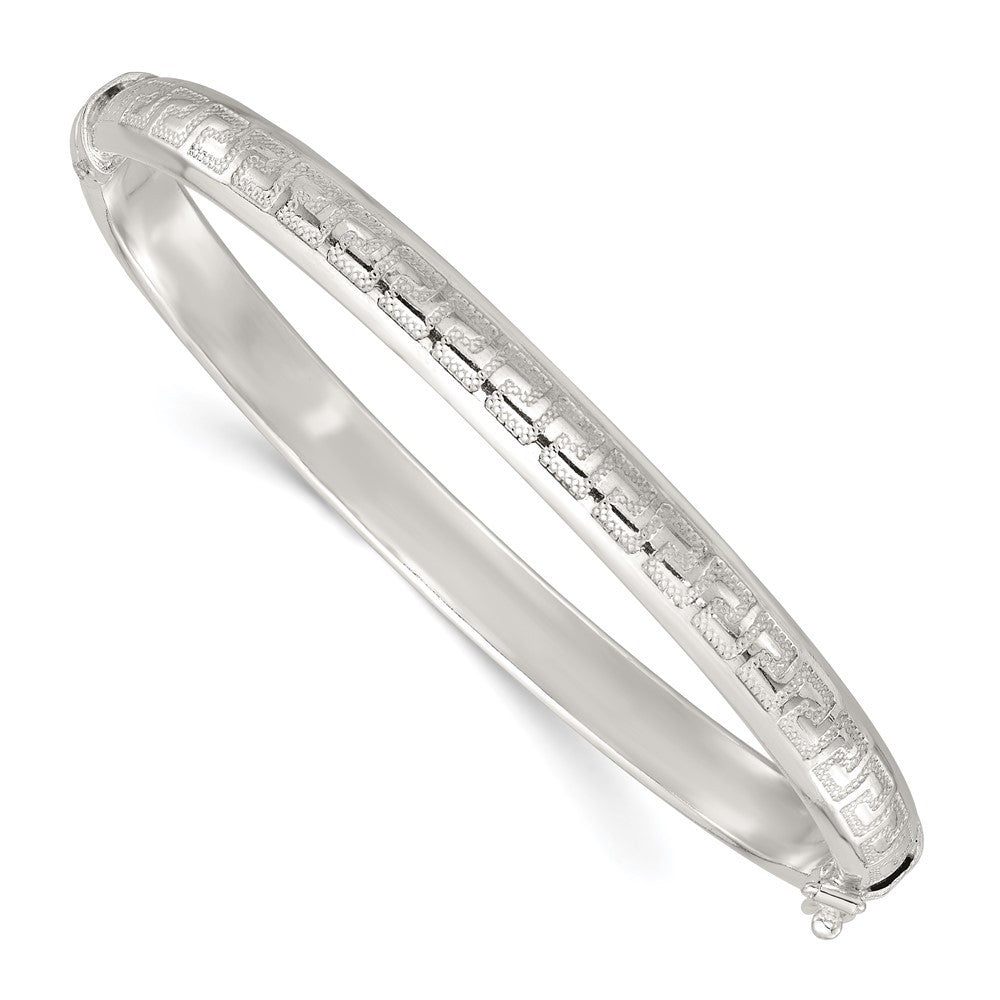 Sterling Silver Polished and Textured 6.50mm Greek Key Hinged Bangle