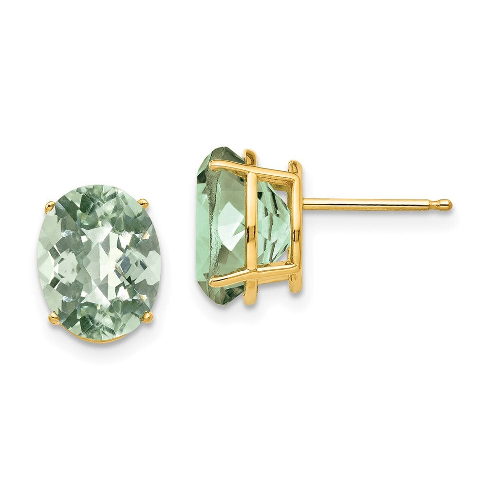 14k Yellow Gold 10x8 Oval Checker-Cut Green Quartz Stud Earrings