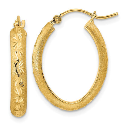 14k Yellow Gold Polished and Satin Diamond-cut Oval Hoop Earrings