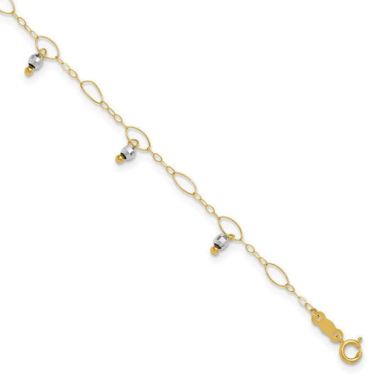 14K Two-Tone Mirror Bead Dangles 10" Anklet