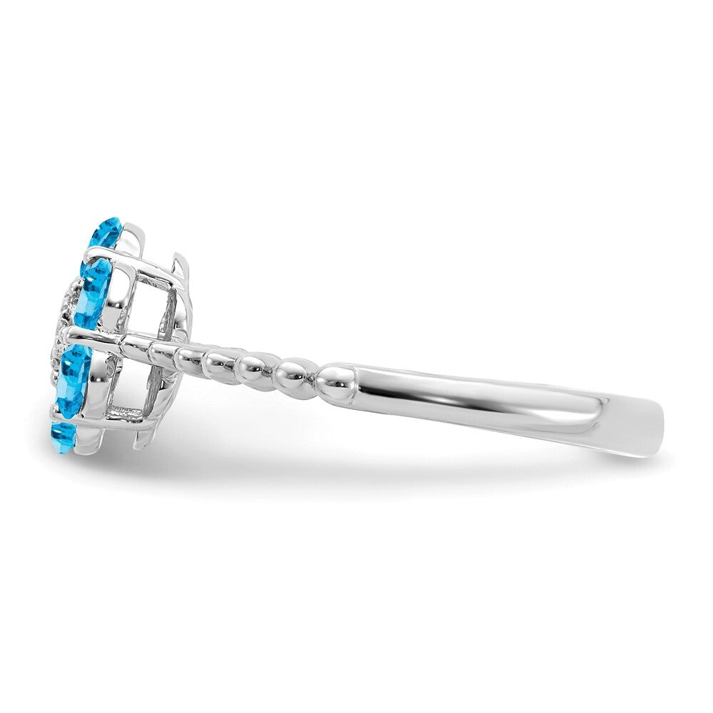 14k White Gold Blue Topaz and Diamond Floral Ring Size 7