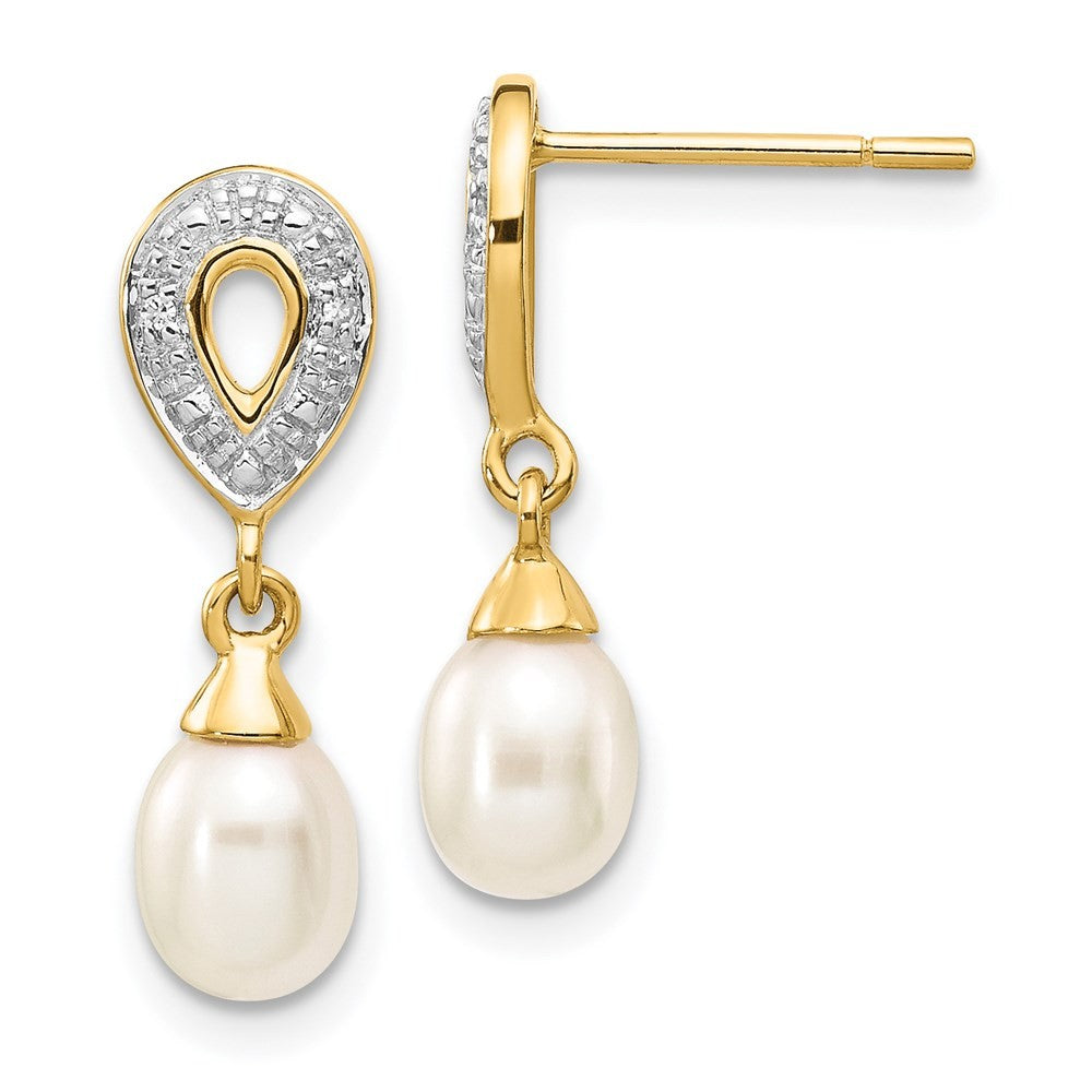 14k Yellow Gold 7x5mm White Teardrop FWC Pearl .01ct Diamond Dangle Earrings