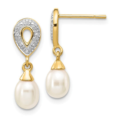 14k Yellow Gold 7x5mm White Teardrop FWC Pearl .01ct Diamond Dangle Earrings