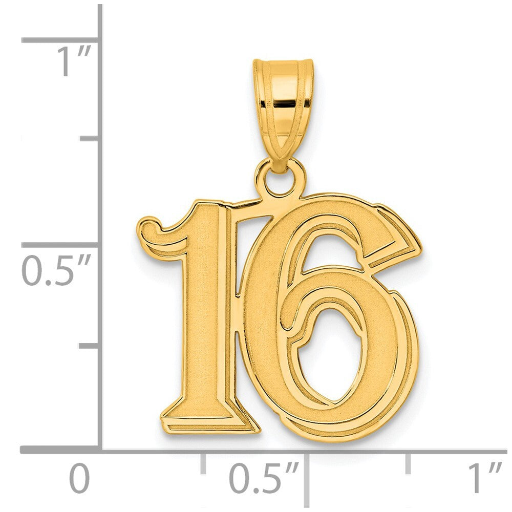 14k Yellow Gold Polished Etched Number 16 Pendant for Women
