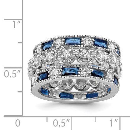 Sterling Silver Rhod-pltd Triple Band Blue/White/Clear Circle Center Ring Size 6