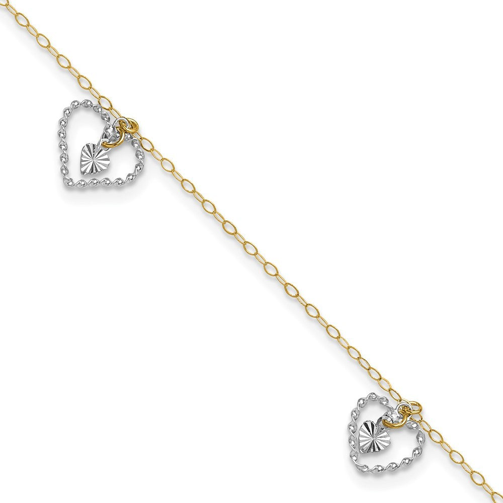 14K Two-tone Twisted Diamond-cut 3 Heart Dangles 10" Anklet