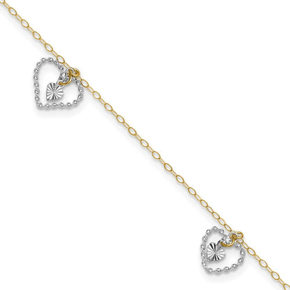 14K Two-tone Twisted Diamond-cut 3 Heart Dangles 10" Anklet
