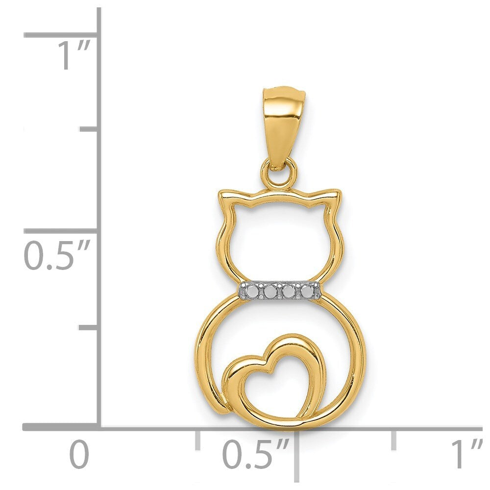14k Yellow Gold White Rhodium Diamond-cut Sitting Cat Pendant for Women