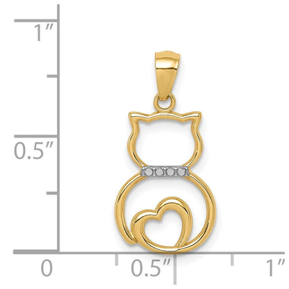 14k Yellow Gold White Rhodium Diamond-cut Sitting Cat Pendant for Women