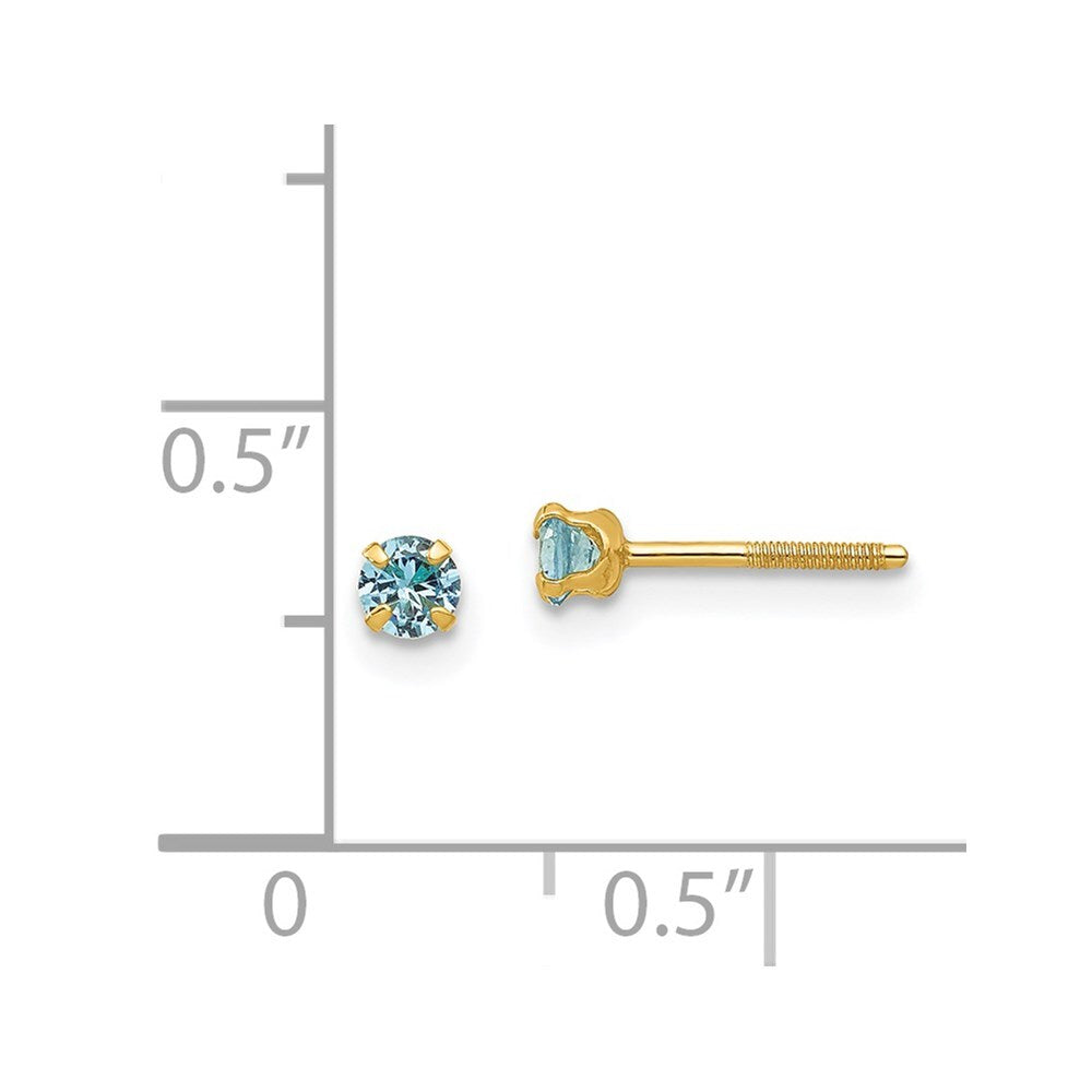 14k Yellow Gold 3mm Imitation Blue Zircon Birthstone Stud Earrings (Dec)