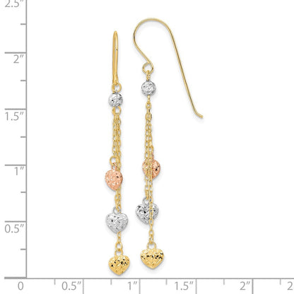 14k Tri-color Diamond-Cut Triple Heart Drop Dangle Earrings w/ Shepherd Hook