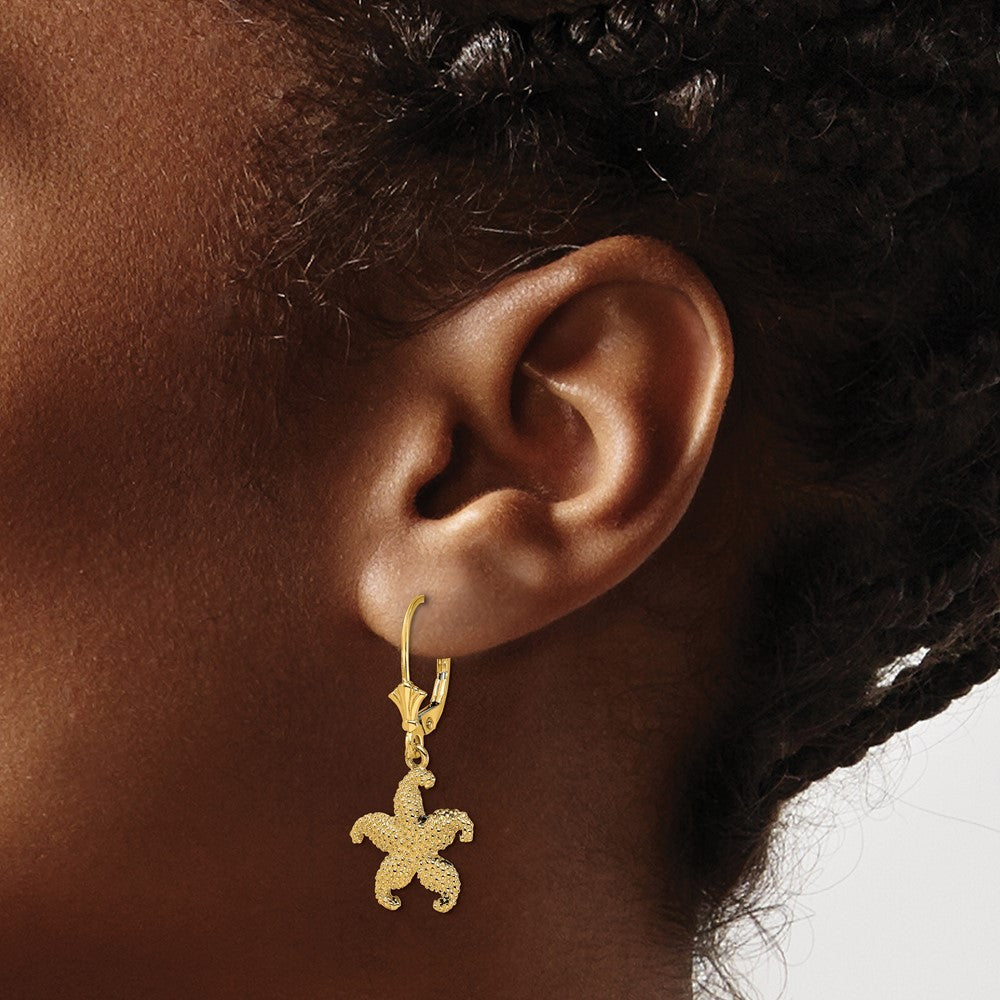 14k Yellow Gold 2-D Puffed Starfish Drop Dangle Earrings