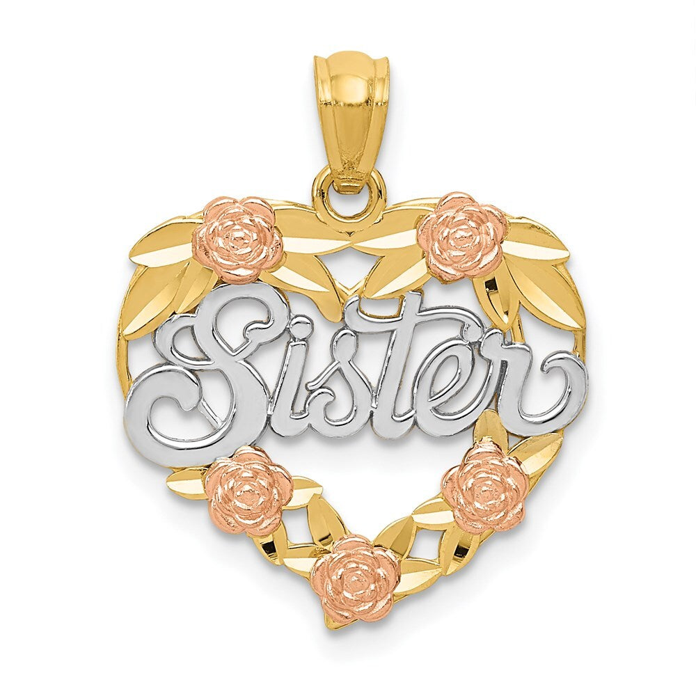 14k Two-tone Gold White Rhodium SISTER Heart Pendant for Women