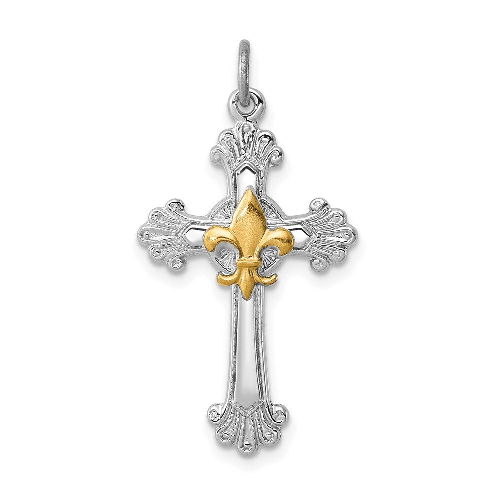 Sterling Silver Rhodium-plated & Gold-plated Cross & Fleur de lis Pendant