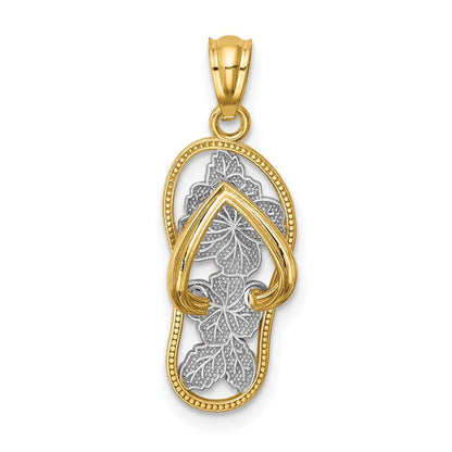 14k Yellow Gold Rhodium Polished Floral Flip Flop Pendant for Women