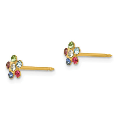 14k Yellow Gold Flower Multicolor Crystal Stud Earrings