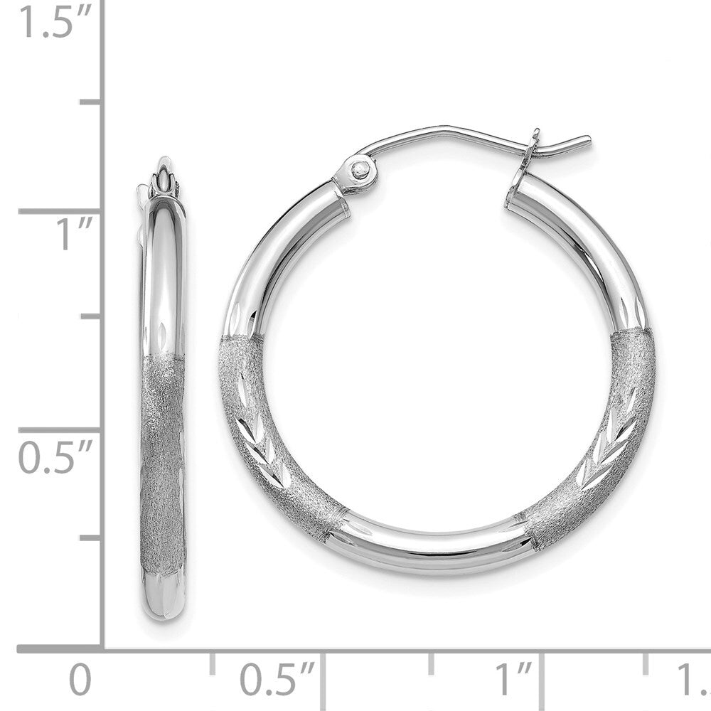 14k White Gold Satin and Diamond-cut 3mm Round Hoop Earrings Gift for Women