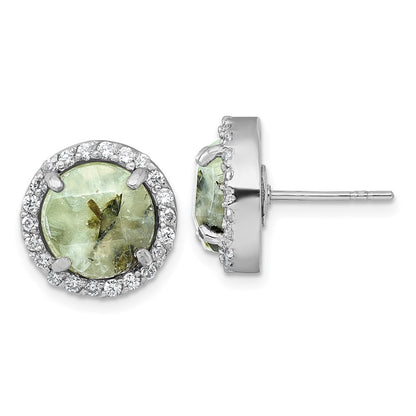 Sterling Silver Polished CZ Halo and Faceted Prehnite Circle Earrings