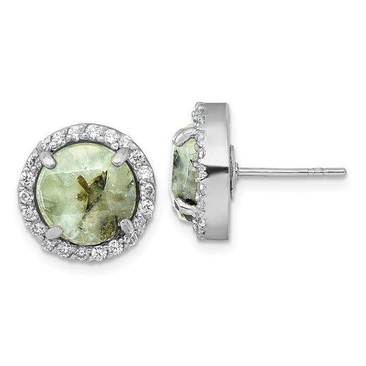 Sterling Silver Polished CZ Halo and Faceted Prehnite Circle Earrings