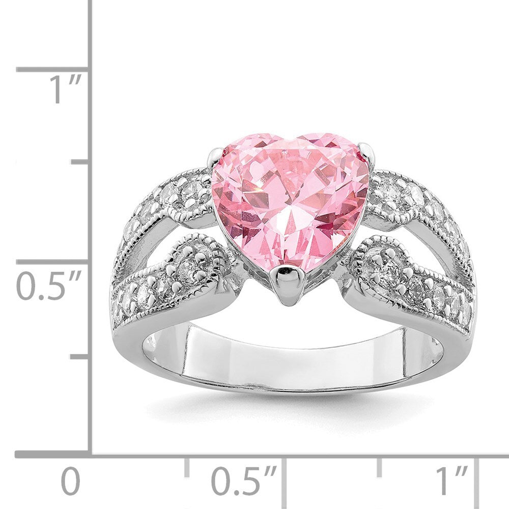 Sterling Silver Rhodium plated 10mm Clear Pink Heart Cubic Zirconia Ring Size 6
