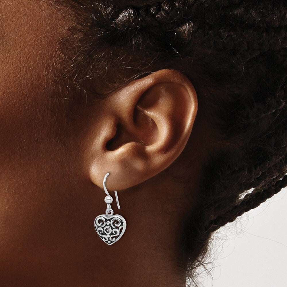 SS Rhodium-plated Antiqued Pink Cubic Zirconia Filigree Heart Dangle Earrings