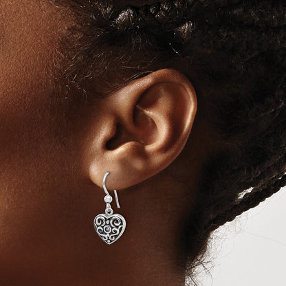 SS Rhodium-plated Antiqued Pink Cubic Zirconia Filigree Heart Dangle Earrings