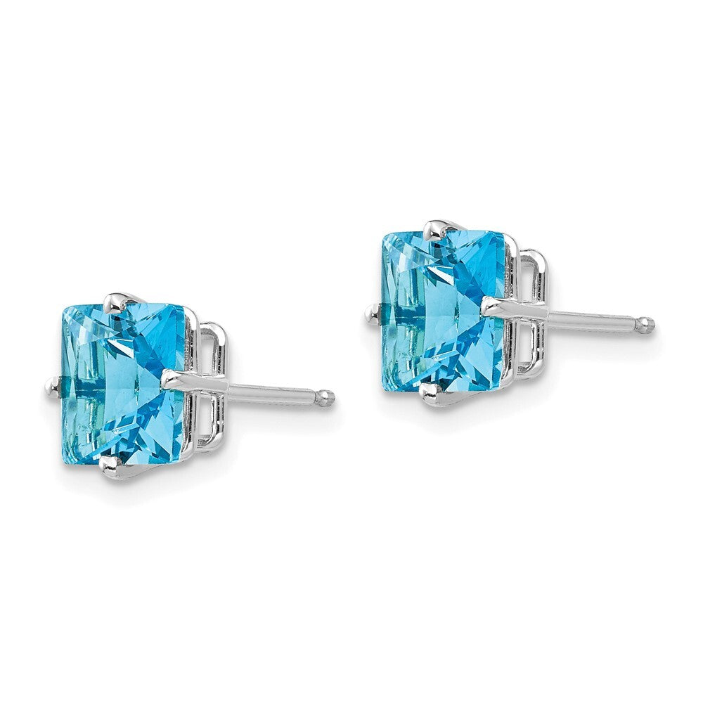 14k White Gold 7mm Princess Cut Blue Topaz Stud Earrings Gift for Women