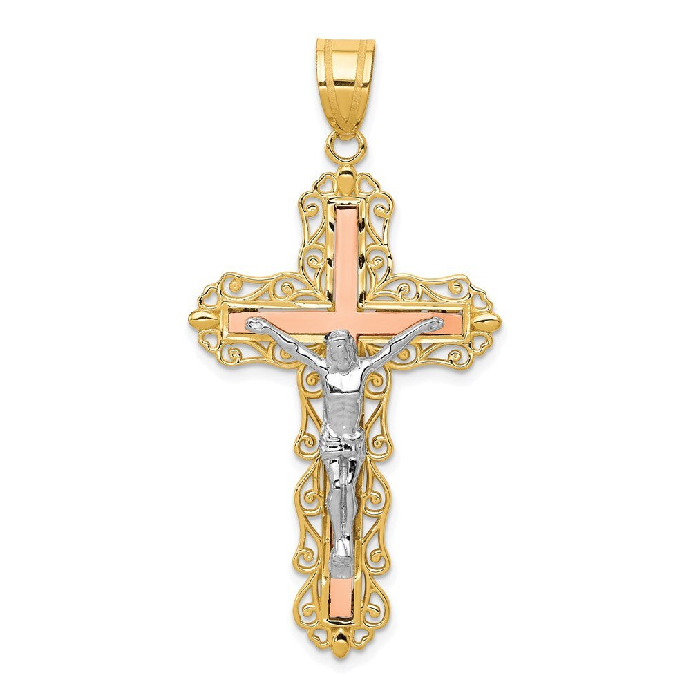 14k Tri-Color Gold Tri-color Diamond-cut Crucifix Pendant for Women