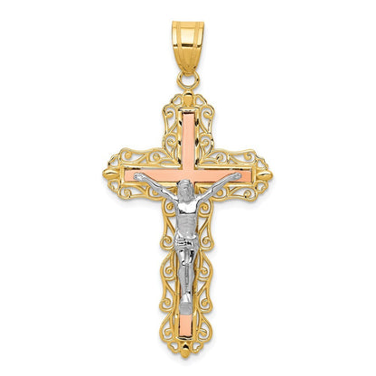 14k Tri-Color Gold Tri-color Diamond-cut Crucifix Pendant for Women