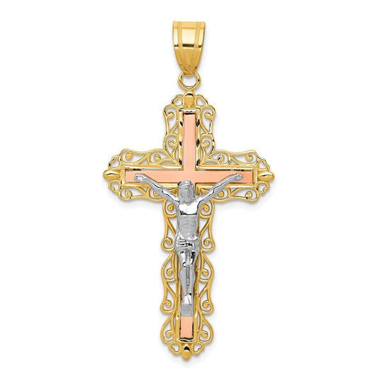14k Tri-Color Gold Tri-color Diamond-cut Crucifix Pendant for Women