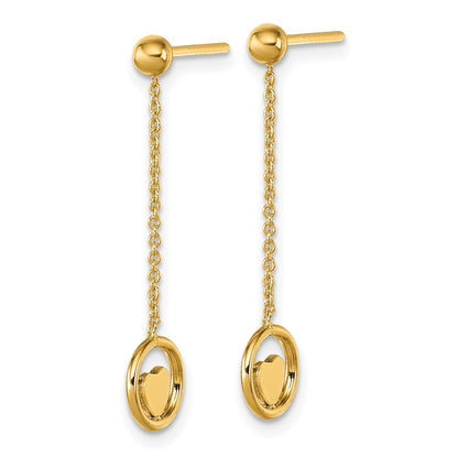14k Yellow Gold Polished Heart in Circle with Chain Dangle Earrings