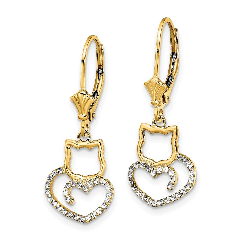 14k Yellow Gold & White Rhodium Diamond-Cut Cat Heart Drop Dangle Earrings