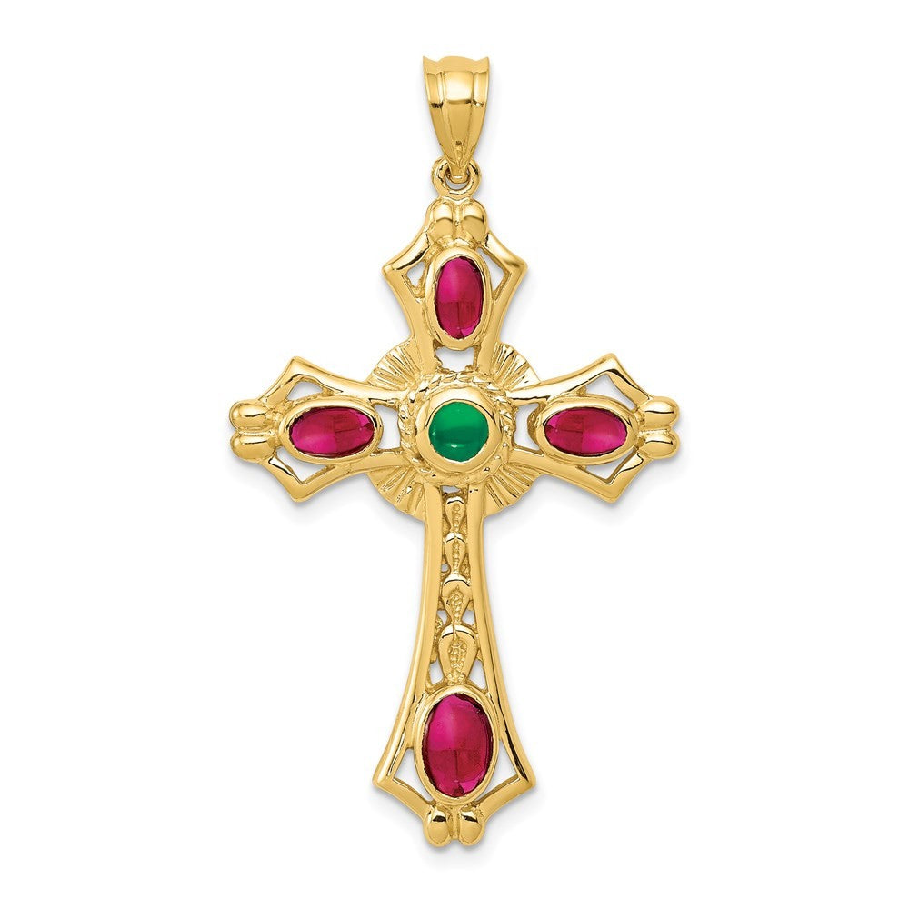 14k Yellow Gold Ruby and Emerald Cabochon Cross Pendant