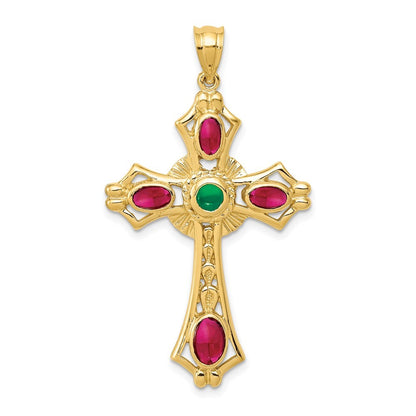 14k Yellow Gold Ruby and Emerald Cabochon Cross Pendant