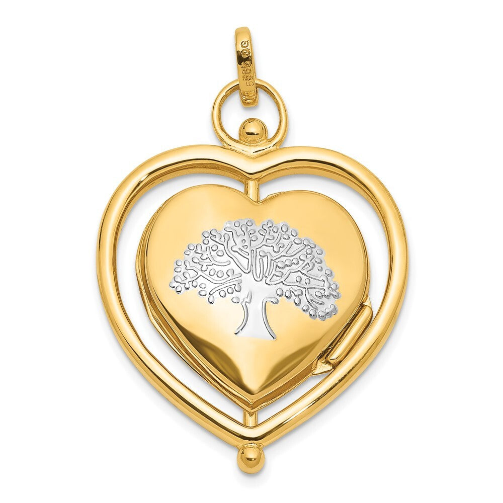 14k Yellow Gold White Rhodium Floral Special Mum Reversible Heart Locket Pendant