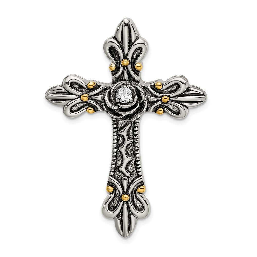 Sterling Silver Gold-plated Cubic Zirconia Antiqued Cross Slide