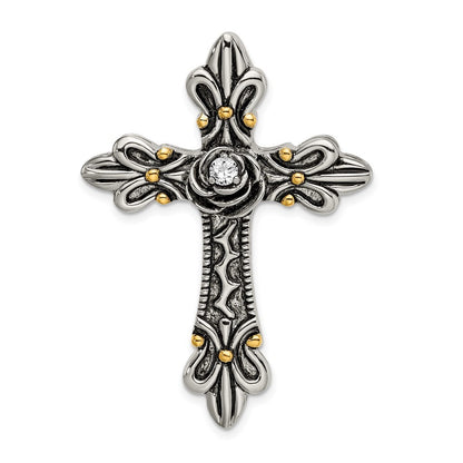 Sterling Silver Gold-plated Cubic Zirconia Antiqued Cross Slide