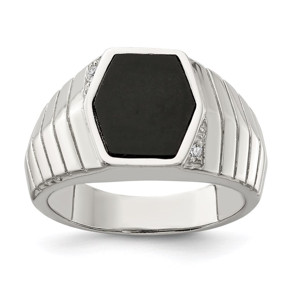 Sterling Silver Rhodium-plated Men's Cubic Zirconia & Onyx Ring Size 10