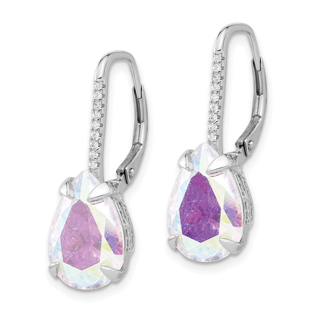 Sterling Silver Rhodium-plated Pear Iridescent Cubic Zirconia Leverback Earrings